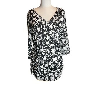 Black White‎ Floral V Neck 3/4 Sleeve Tunic Top Women's Size Large